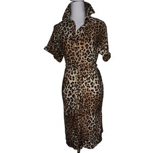 NWT Shinestar Leopard Print Shirt Dress Short Sleeve Collared Midi Dress Size M